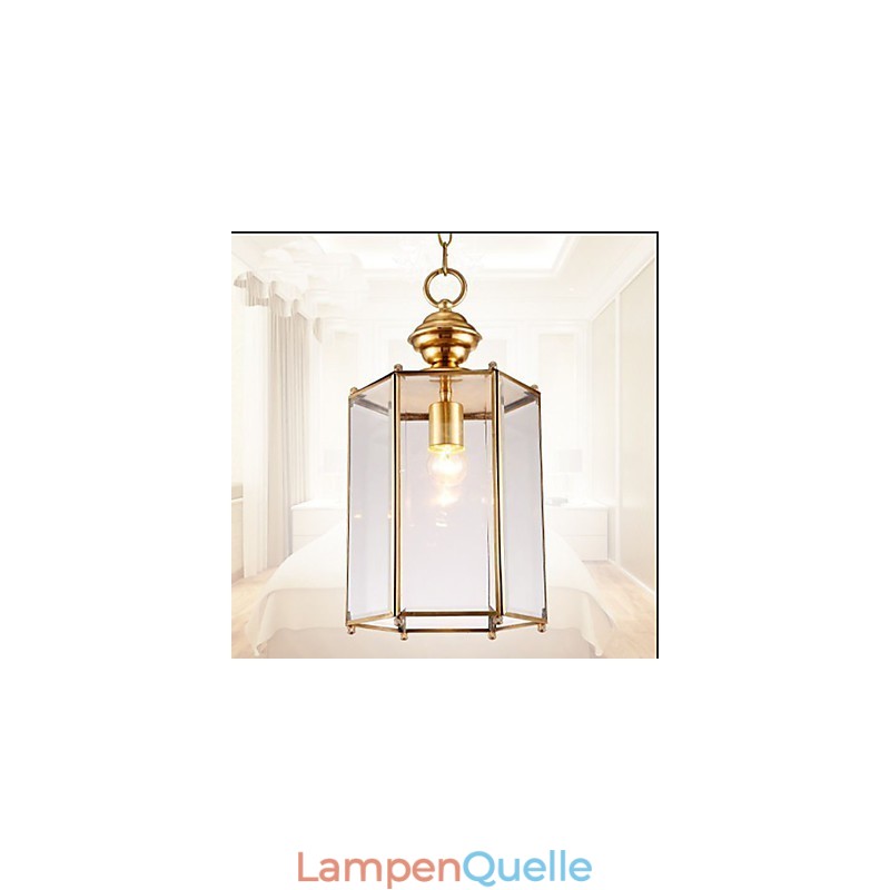 Kleine Pendelleuchte im amerikanischen Landhausstil, komplett aus Kupfer und einem Glas
