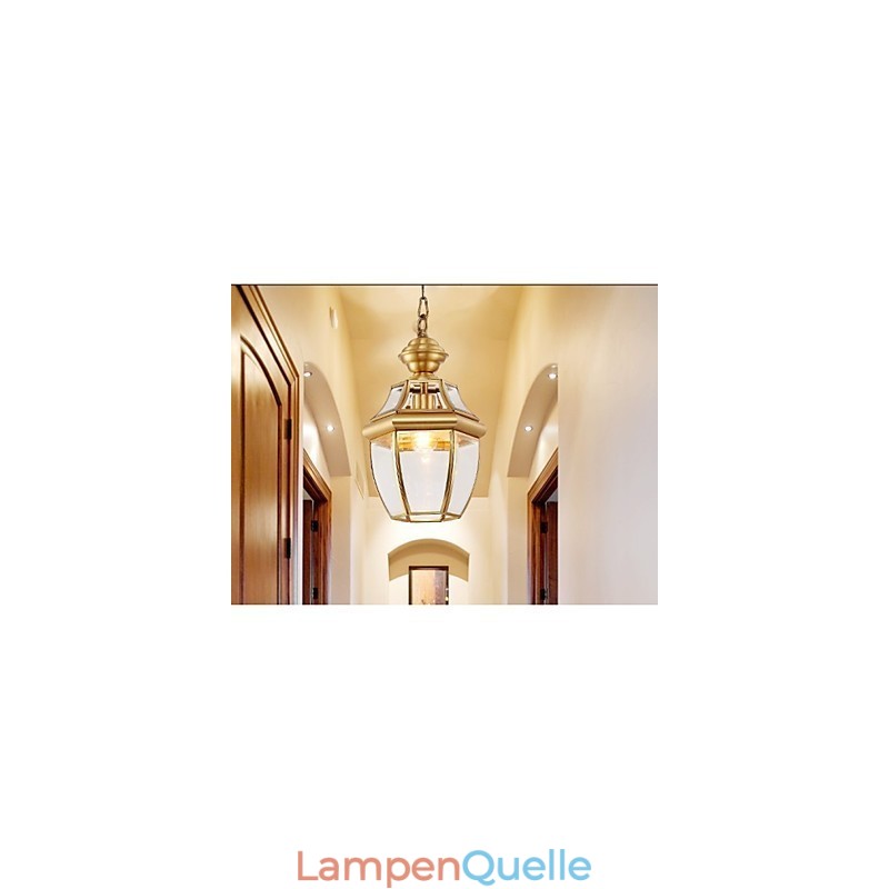 Kleine Pendelleuchte im amerikanischen Landhausstil, komplett aus Kupfer, Einzelglas C
