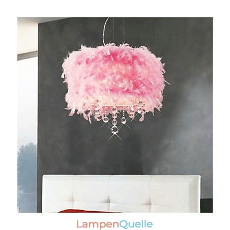 Kristall-Pendelleuchte mit 5 Lichtern in rosa Federschirm Kristall-Pendelleuchte mit 5 Lichtern in rosa Federschirm