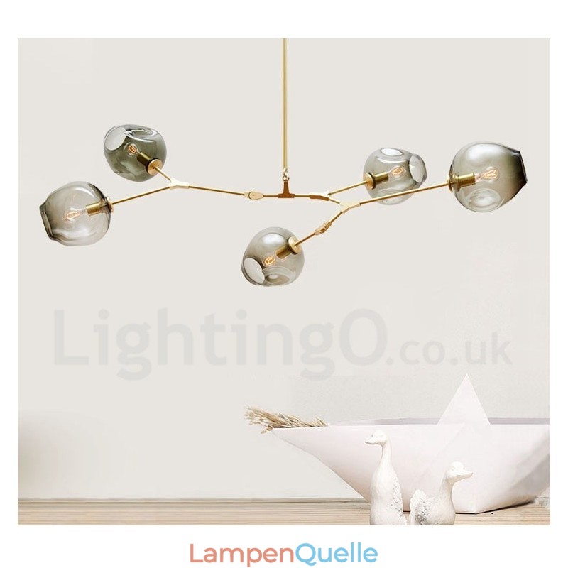 Moderner zeitgenössischer Kronleuchter mit 5 Lichtern und Glasschirmlampe