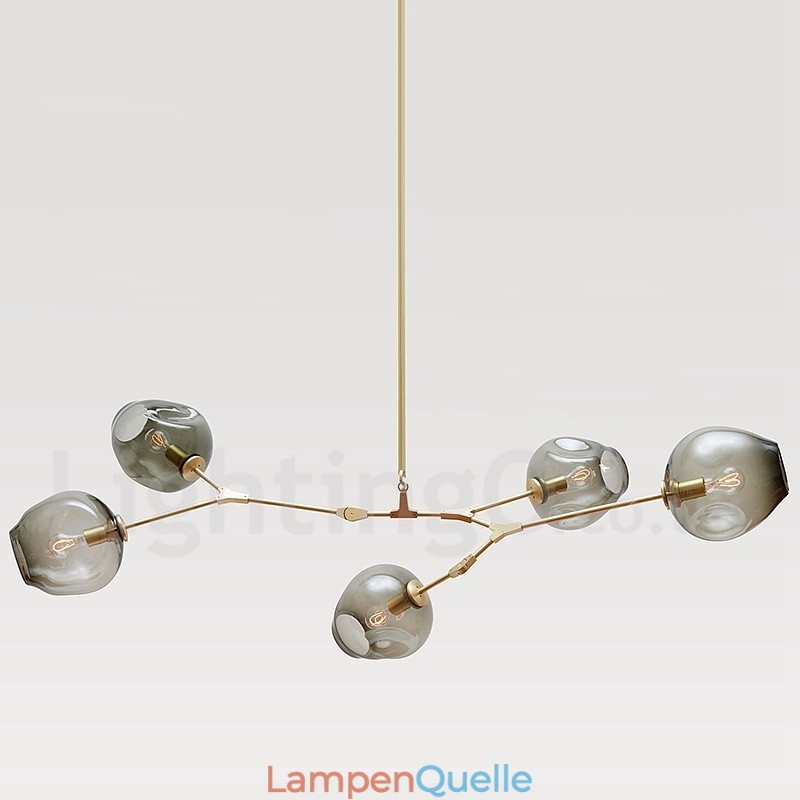 Moderner zeitgenössischer Kronleuchter mit 5 Lichtern und Glasschirmlampe
