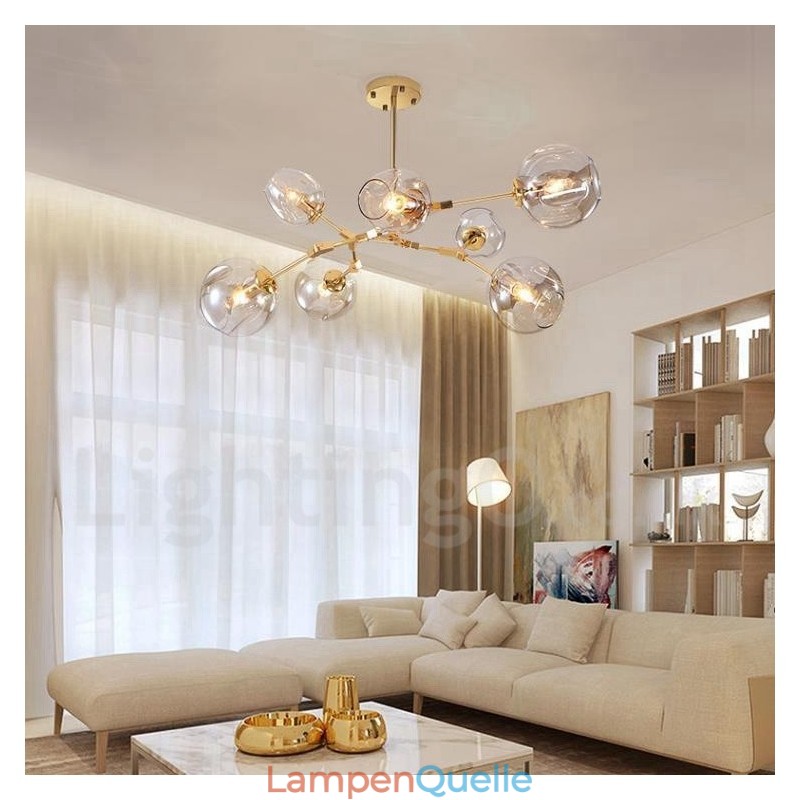 Moderner zeitgenössischer Kronleuchter mit 7 Lichtern, klarem Glasschirm und Lampe