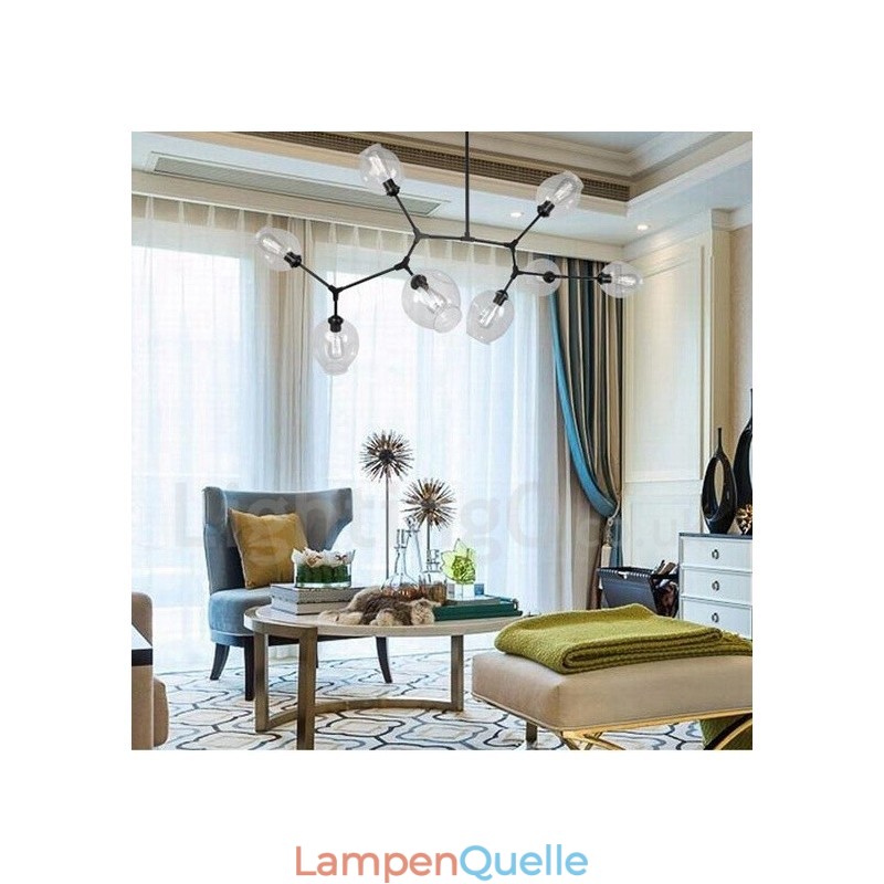 Moderner Kronleuchter mit 8 Lichtern, klarem Glasschirm und Lampe (Schwarz-Gold)