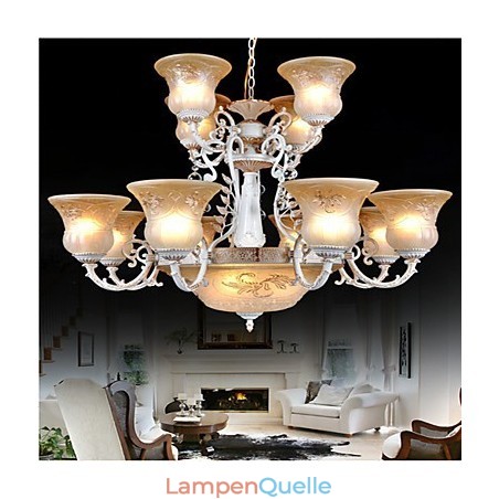 Weiß Kronleuchter Fünfzehn Lichter Muster Glas Schatten Hand Vergoldet Europäischen Retro Weiß Kronleuchter Fünfzehn Lichter Muster Glas Schatten Hand Vergoldet Europäischen Retro