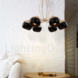 Moderne, zeitgenössische Kronleuchterlampe aus Metall mit 6 Lichtern und einem einstöckigen Glasschirm