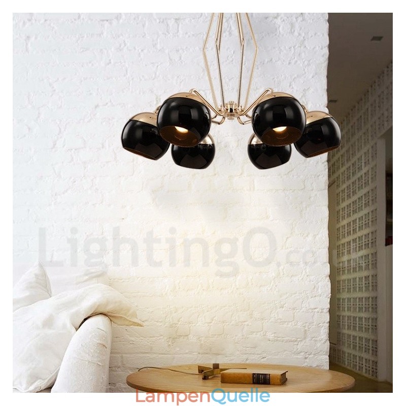 Moderne, zeitgenössische Kronleuchterlampe aus Metall mit 6 Lichtern und einem einstöckigen Glasschirm