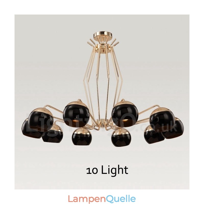 Moderne, zeitgenössische Kronleuchterlampe aus Metall mit 10 Lichtern und einem einstöckigen Glasschirm