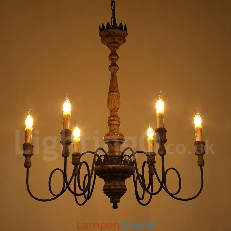 Landhaus Vintage Holz 6 Licht Kronleuchter Licht