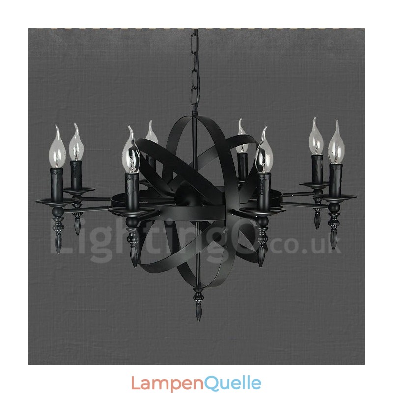 Schwarzes Retro Vintage Metall 8 Licht Single Tier Kronleuchter Licht