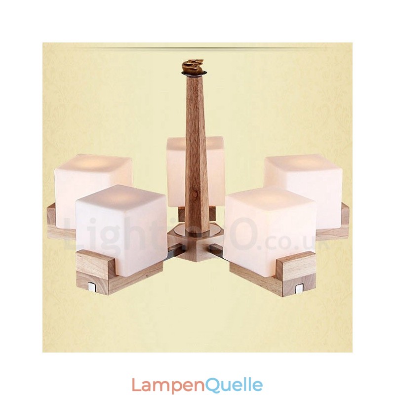 Moderne zeitgenössische 5-flammige einstöckige Kronleuchterlampe aus Holz
