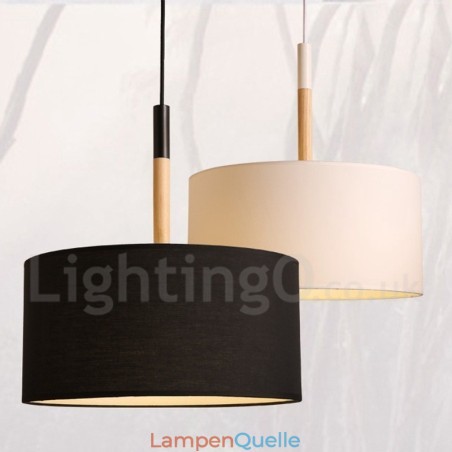 Moderne zeitgenössische Pendelleuchte aus Holz in Trommelform mit Stoffschirm Moderne zeitgenössische Pendelleuchte aus Holz in Trommelform mit Stoffschirm