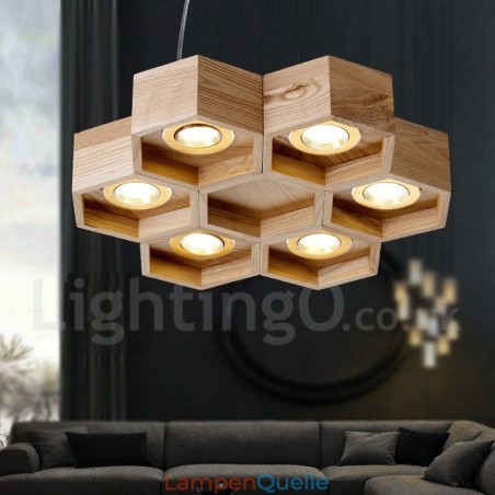 Moderne Pendelleuchte aus Holz mit 6 Lichtern Moderne Pendelleuchte aus Holz mit 6 Lichtern