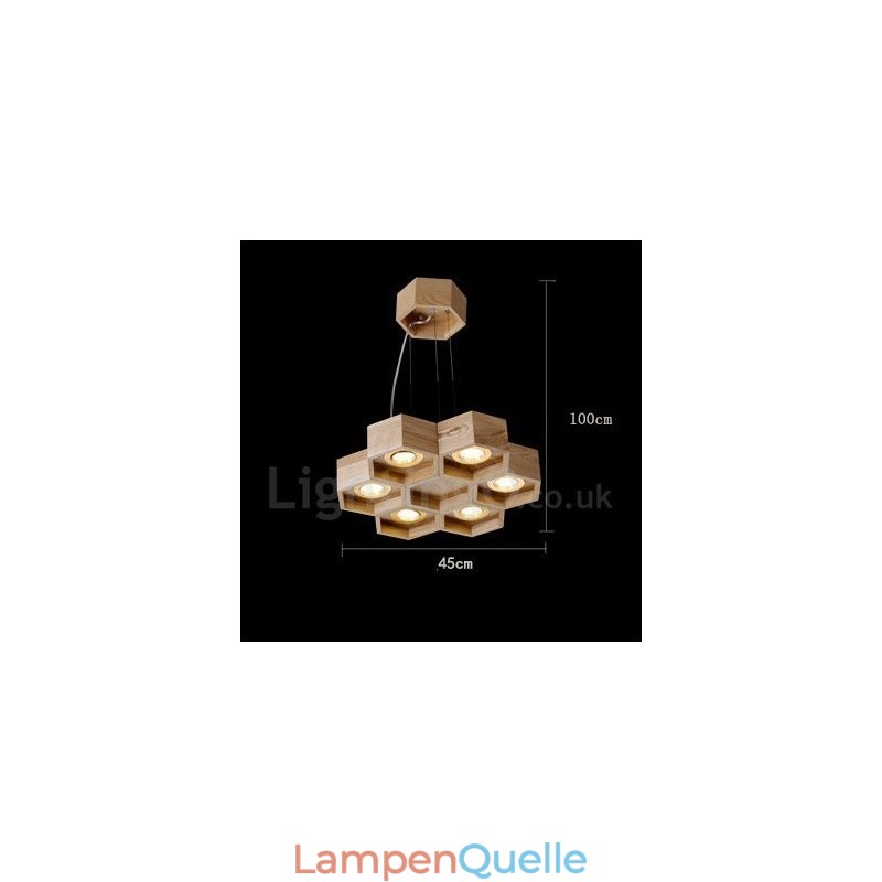 Moderne Pendelleuchte aus Holz mit 6 Lichtern