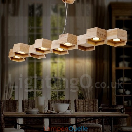 7-flammige Pendelleuchte aus Holz, modern und zeitgenössisch 7-flammige Pendelleuchte aus Holz, modern und zeitgenössisch