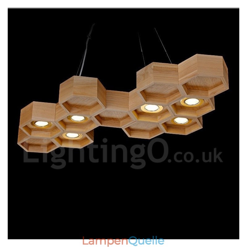 Moderne Pendelleuchte aus Holz mit 6 Lichtern