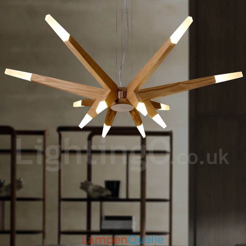 Moderne zeitgenössische Pendelleuchte aus Holz mit 12 Lichtern