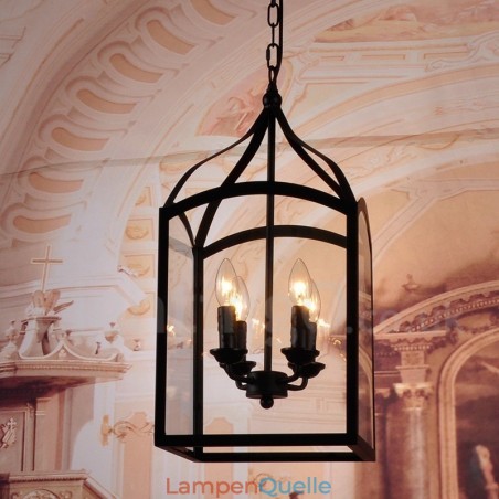 Rustikale Lodge-Pendelleuchte mit 4 Lichtern, aus schwarzem Metall, mit Glasschirm Rustikale Lodge-Pendelleuchte mit 4 Lichtern, aus schwarzem Metall, mit Glasschirm