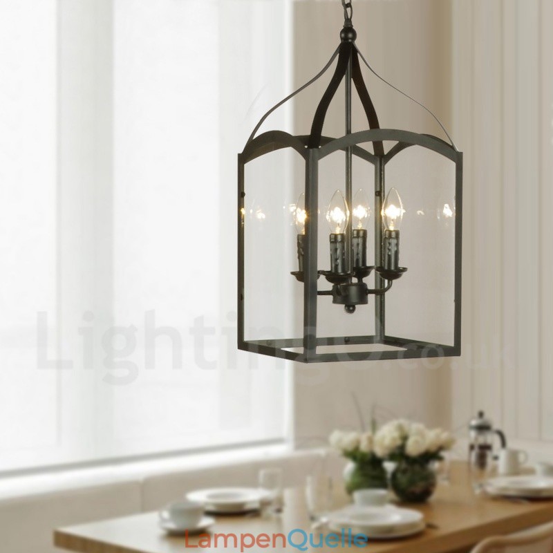 Rustikale Lodge-Pendelleuchte mit 4 Lichtern, aus schwarzem Metall, mit Glasschirm