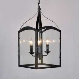Rustikale Lodge-Pendelleuchte mit 4 Lichtern, aus schwarzem Metall, mit Glasschirm