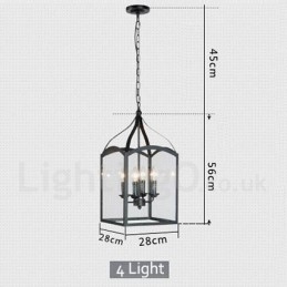 Rustikale Lodge-Pendelleuchte mit 4 Lichtern, aus schwarzem Metall, mit Glasschirm