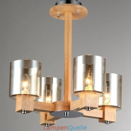 4-flammiger moderner Kronleuchter im nordischen Stil aus Holz mit Glasschirm 4-flammiger moderner Kronleuchter im nordischen Stil aus Holz mit Glasschirm