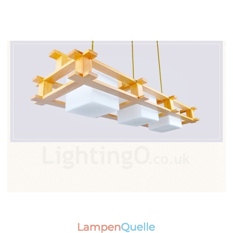 3-flammige Pendelleuchte aus Holz im modernen, zeitgenössischen nordischen Stil mit Glasschirm