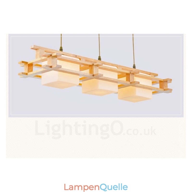 3-flammige Pendelleuchte aus Holz im modernen, zeitgenössischen nordischen Stil mit Glasschirm