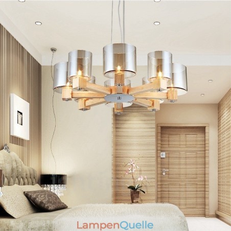 8-flammige Pendelleuchte aus Holz, modern und im nordischen Stil, mit Glasschirm 8-flammige Pendelleuchte aus Holz, modern und im nordischen Stil, mit Glasschirm
