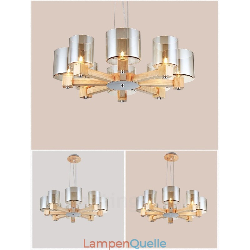 8-flammige Pendelleuchte aus Holz, modern und im nordischen Stil, mit Glasschirm