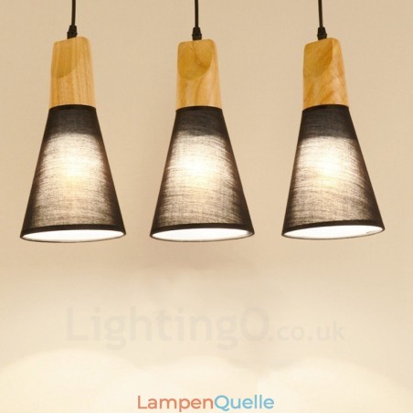 Moderne Pendelleuchte mit 3 Lichtern aus Holz und Stoffschirm Moderne Pendelleuchte mit 3 Lichtern aus Holz und Stoffschirm