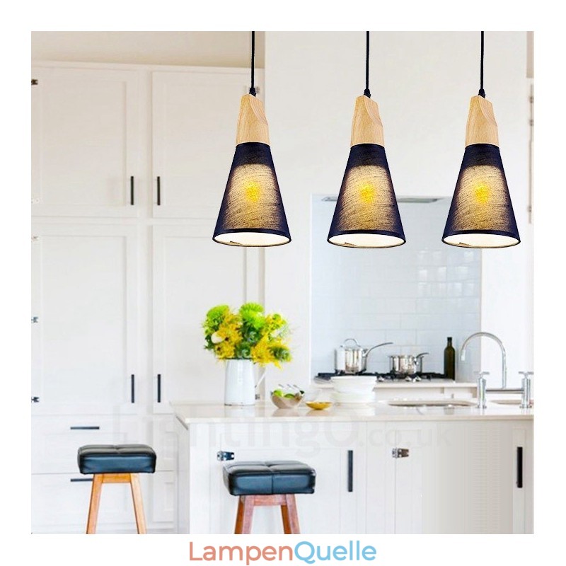 Moderne Pendelleuchte mit 3 Lichtern aus Holz und Stoffschirm