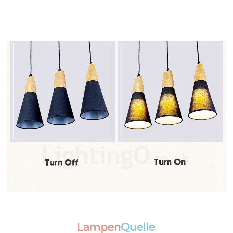 Moderne Pendelleuchte mit 3 Lichtern aus Holz und Stoffschirm