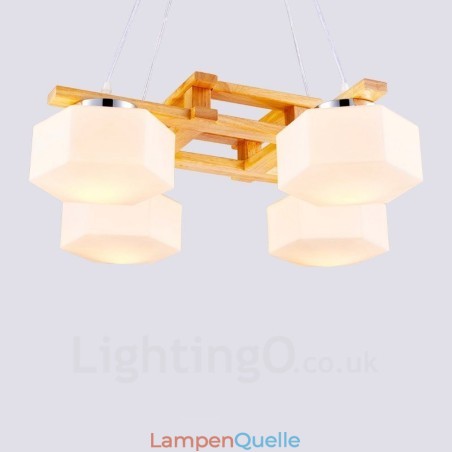 4-flammige Pendelleuchte aus Holz, modern und im nordischen Stil, mit Glasschirm 4-flammige Pendelleuchte aus Holz, modern und im nordischen Stil, mit Glasschirm
