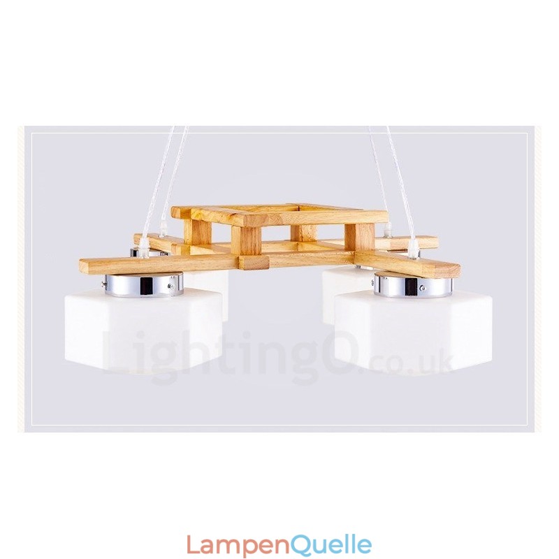 4-flammige Pendelleuchte aus Holz, modern und im nordischen Stil, mit Glasschirm