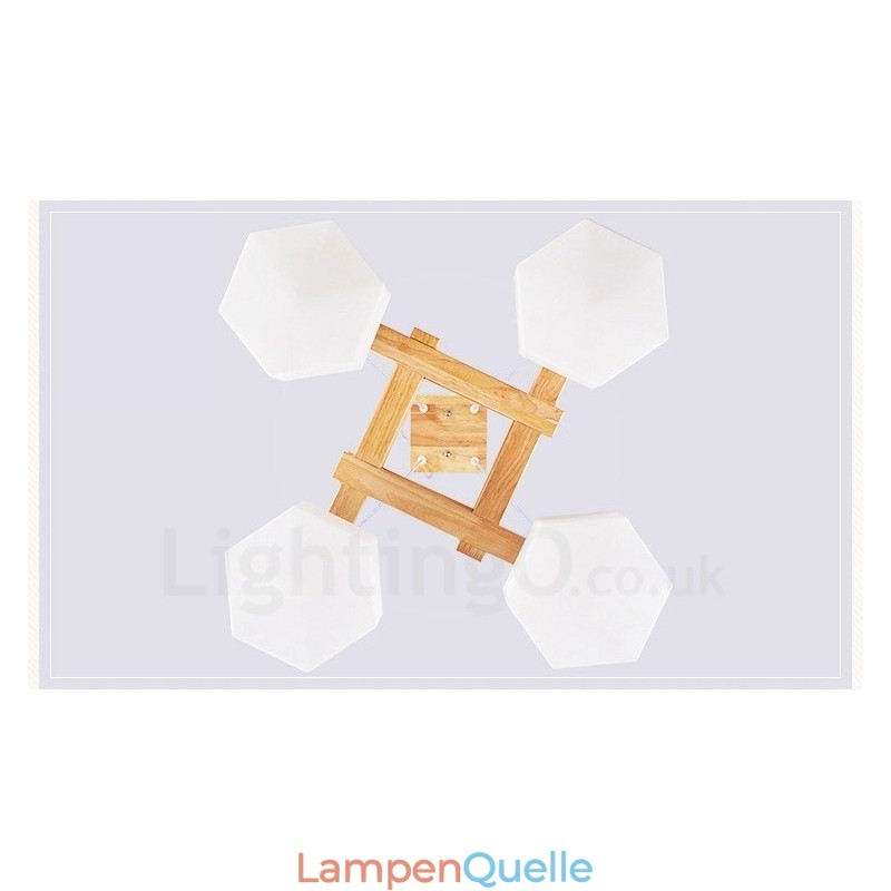 4-flammige Pendelleuchte aus Holz, modern und im nordischen Stil, mit Glasschirm