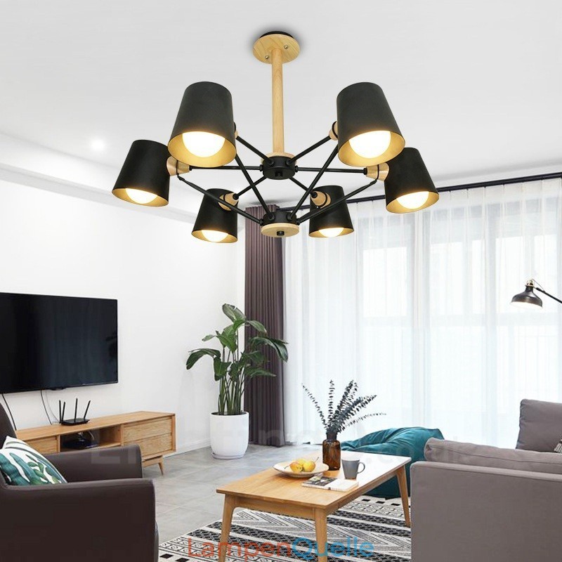6-flammige Pendelleuchte aus Holz im modernen, zeitgenössischen nordischen Stil mit Eisenschirm