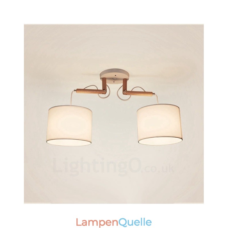 Moderne Pendelleuchte mit 2 Lichtern aus Holz und Stoffschirm