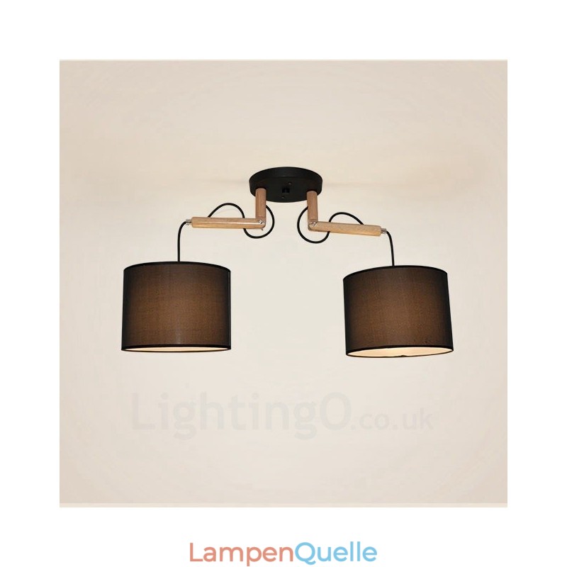 Moderne Pendelleuchte mit 2 Lichtern aus Holz und Stoffschirm