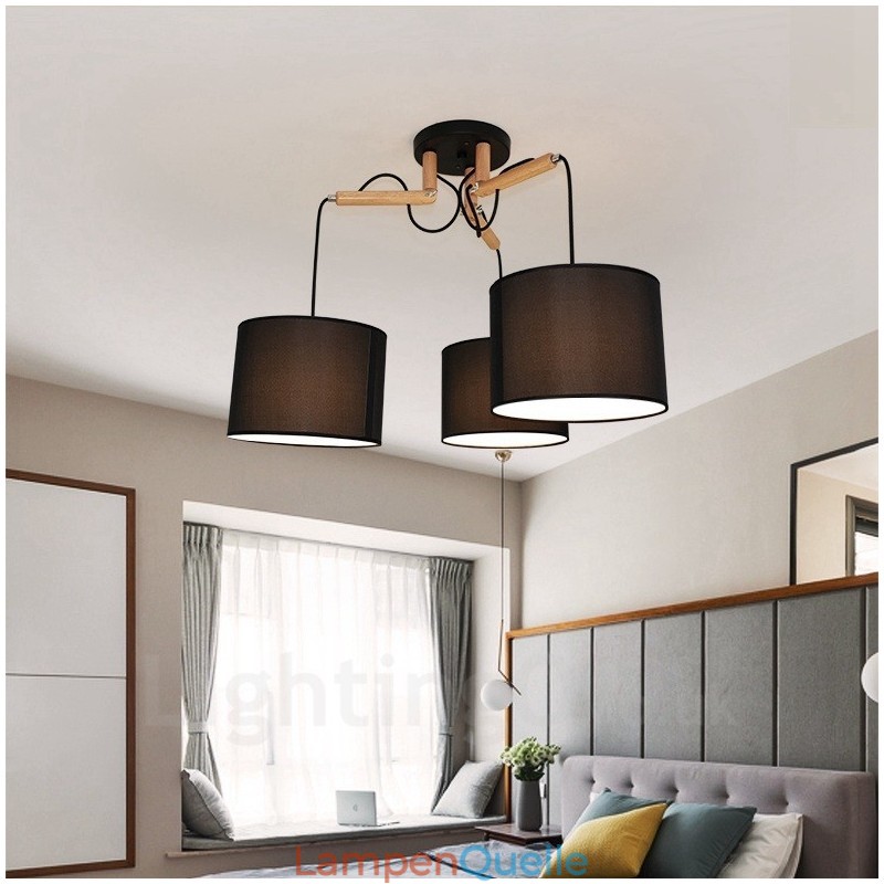 Moderne Pendelleuchte mit 3 Lichtern aus Holz und Stoffschirm