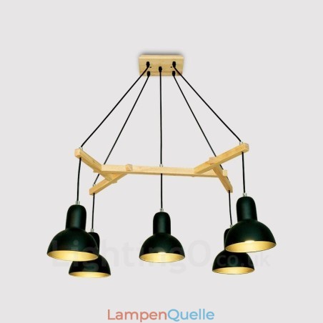 5-flammige, moderne Pendelleuchte aus Holz mit Eisenschirm 5-flammige, moderne Pendelleuchte aus Holz mit Eisenschirm
