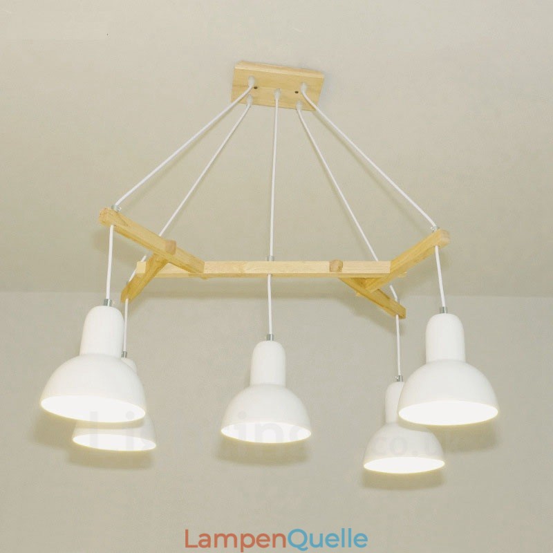 5-flammige, moderne Pendelleuchte aus Holz mit Eisenschirm