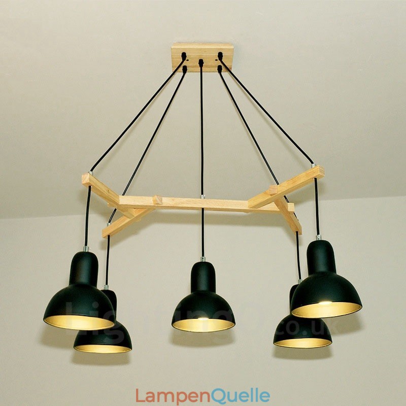 5-flammige, moderne Pendelleuchte aus Holz mit Eisenschirm