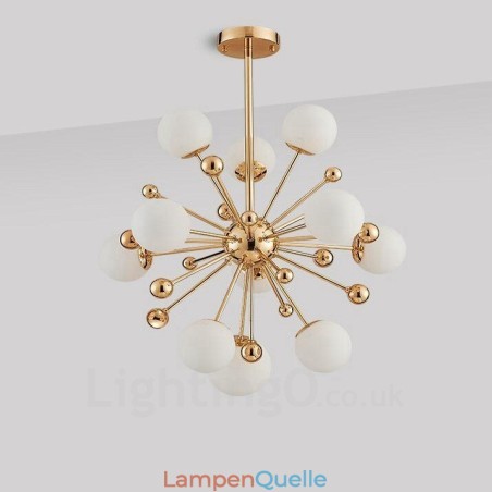 11-flammige moderne Deckenleuchten, Kupfer-Kronleuchter mit weißem Kugelglasschirm 11-flammige moderne Deckenleuchten, Kupfer-Kronleuchter mit weißem Kugelglasschirm