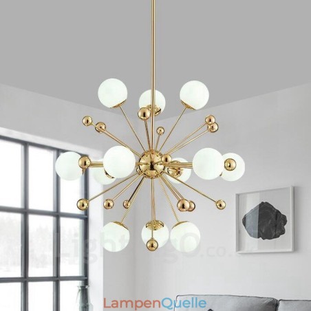 12-flammige moderne Deckenleuchten, Kupfer-Kronleuchter mit weißem Kugelglasschirm 12-flammige moderne Deckenleuchten, Kupfer-Kronleuchter mit weißem Kugelglasschirm