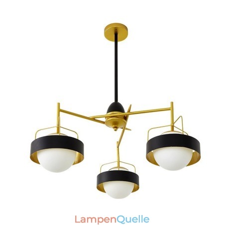 3-flammige moderne Deckenleuchten, Kupfer-Kronleuchter mit weißem und schwarzem Kugelglasschirm 3-flammige moderne Deckenleuchten, Kupfer-Kronleuchter mit weißem und schwarzem Kugelglasschirm