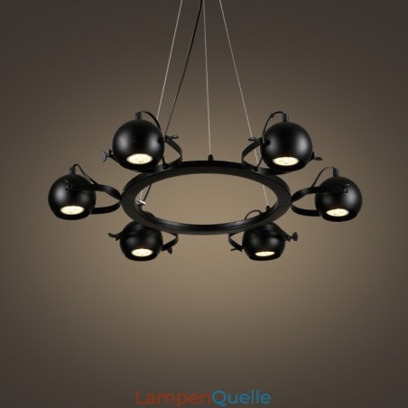6-flammige Retro-Pendelleuchte im Vintage-Stil aus schwarzem Eisen mit schwarzen Kugelschirmen aus Eisen 6-flammige Retro-Pendelleuchte im Vintage-Stil aus schwarzem Eisen mit schwarzen Kugelschirmen aus Eisen