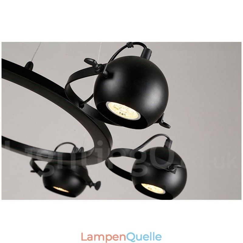 6-flammige Retro-Pendelleuchte im Vintage-Stil aus schwarzem Eisen mit schwarzen Kugelschirmen aus Eisen