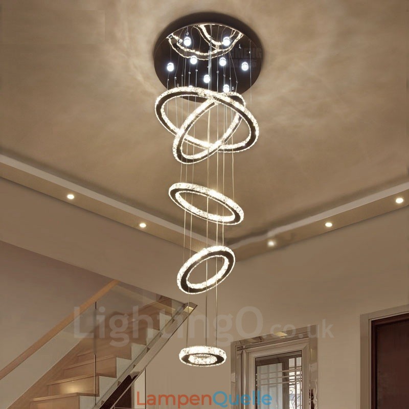 Dimmbare Wi-Fi Smart Drei Lichtquelle Farben 5 Ringe Moderne Kristall Decke Pendelleuchte Indoor Kronleuchter