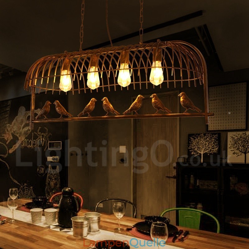 Rustikale Lodge Retro-Vogelkäfig-Pendelleuchte mit 4 Lichtern und Stahlschirm