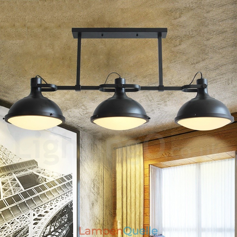 3-flammige Hängeleuchte im Retro-Stil aus rustikalem Stahl mit Glasschirm
